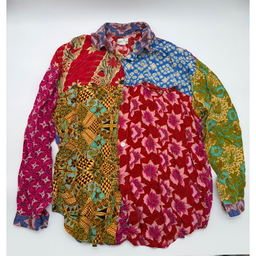 Vintage Benetton Women's Patchwork Button Down Shirt XL Multi Color Floral Batik